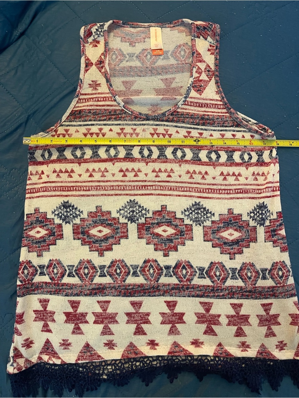 No Boundaries Aztec Print Tank Top in Cream, Red & Black with Lace Trim